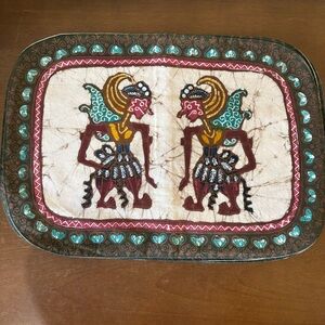 Set of 6 Vintage Indonesian Kamasan Shadow Puppet Style Fabric Placemats, Aztec